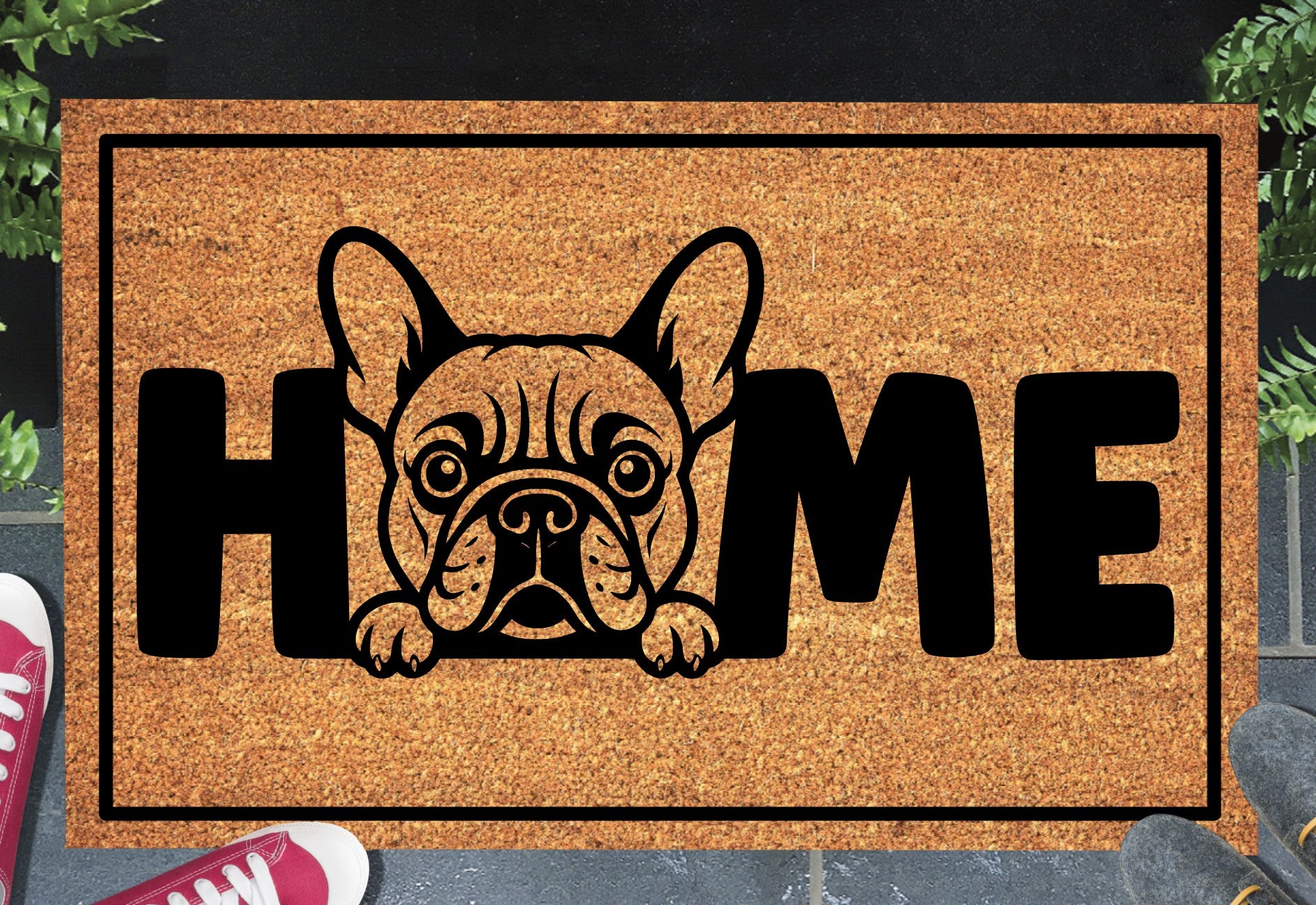French Bulldog doormat #3 with home text placed at front door entryway