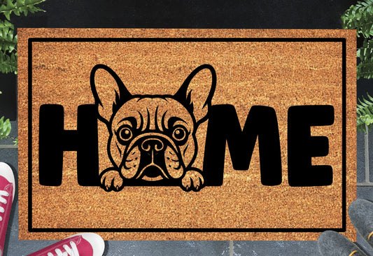 French Bulldog doormat #3 with home text placed at front door entryway
