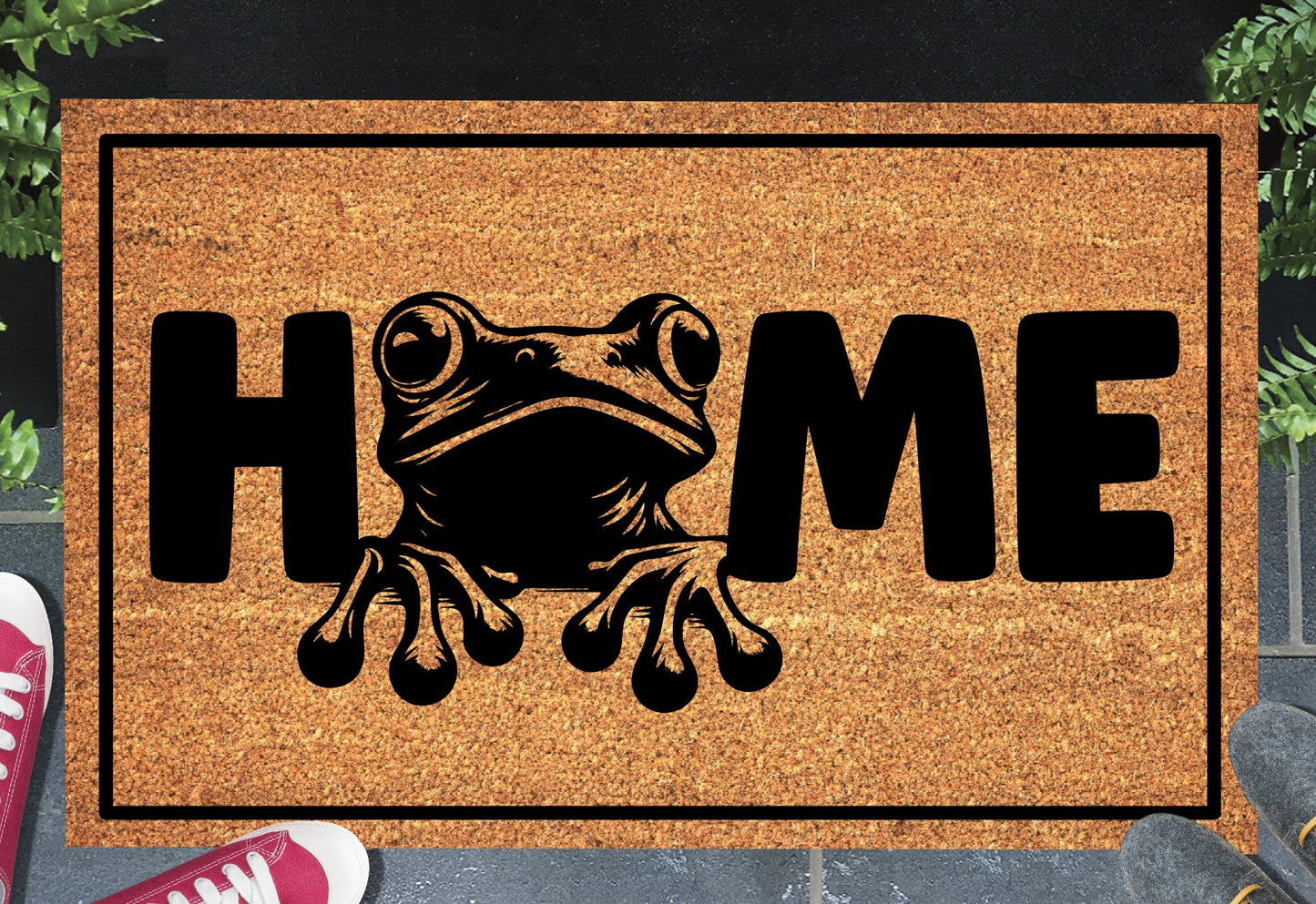 Frog doormat #1 with home text placed at front door entryway