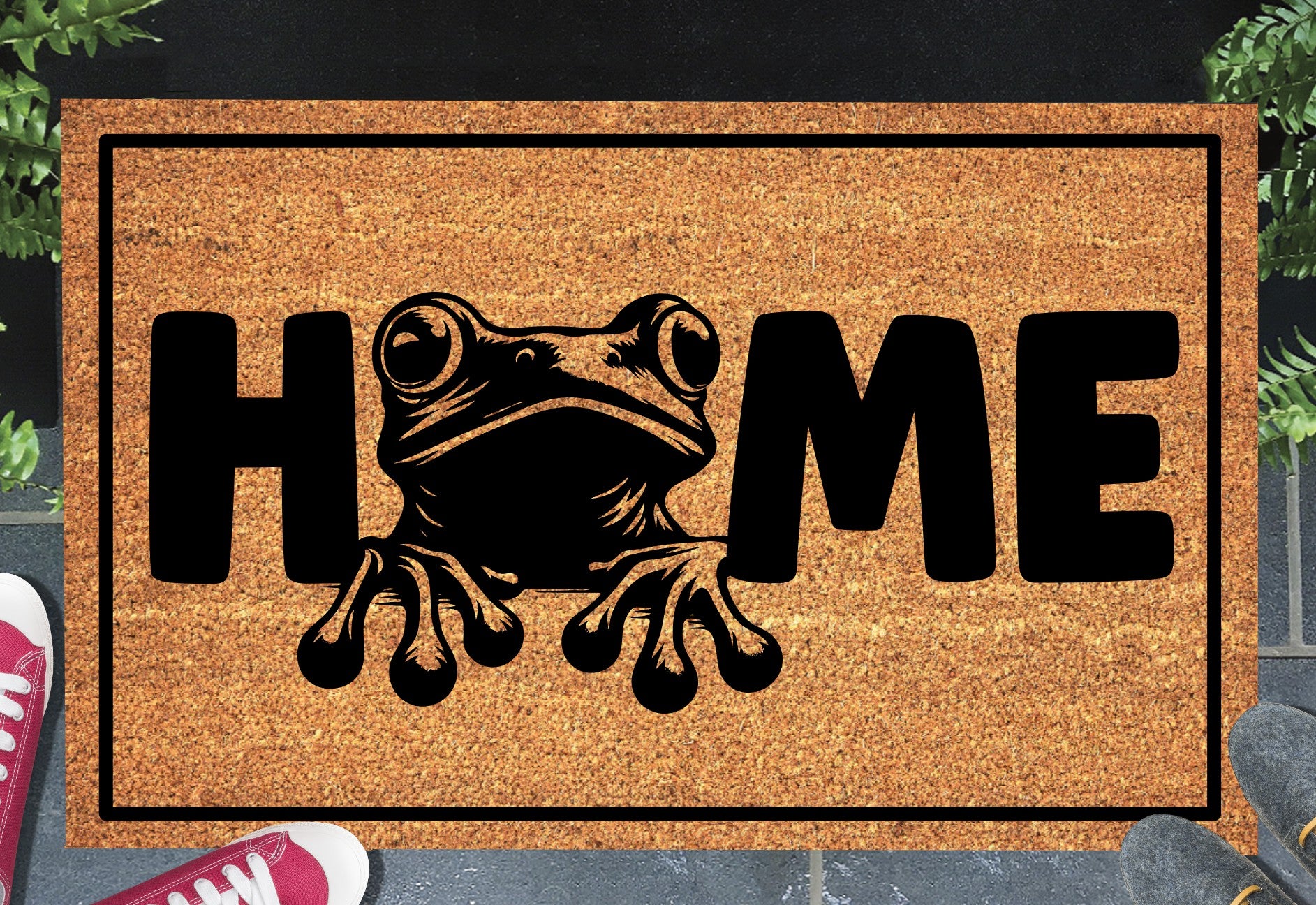Frog doormat #1 with home text placed at front door entryway