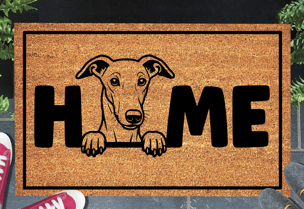 Galgo doormat #3 with home text placed at front door entryway