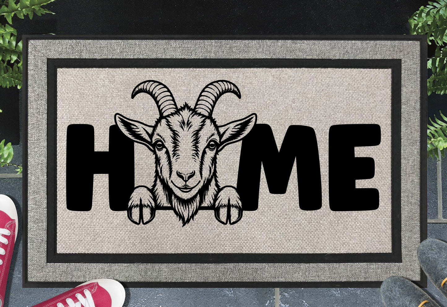 Goat doormat #1 with HOME text placed at front door entryway