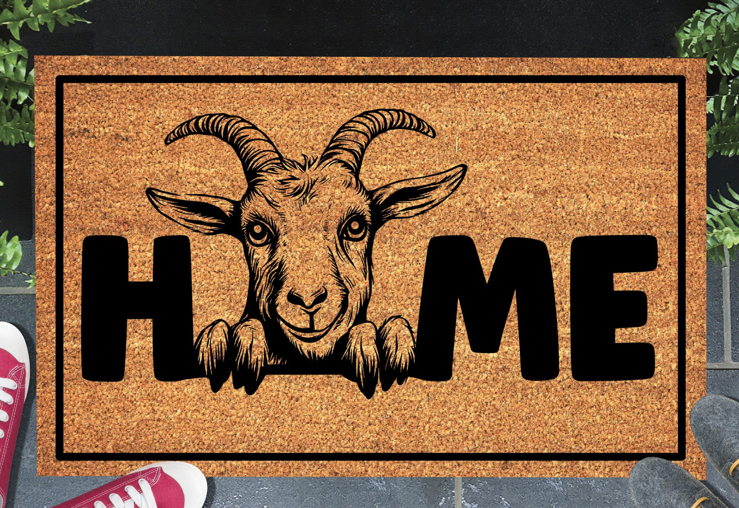 Goat doormat #1 with home text placed at front door entryway