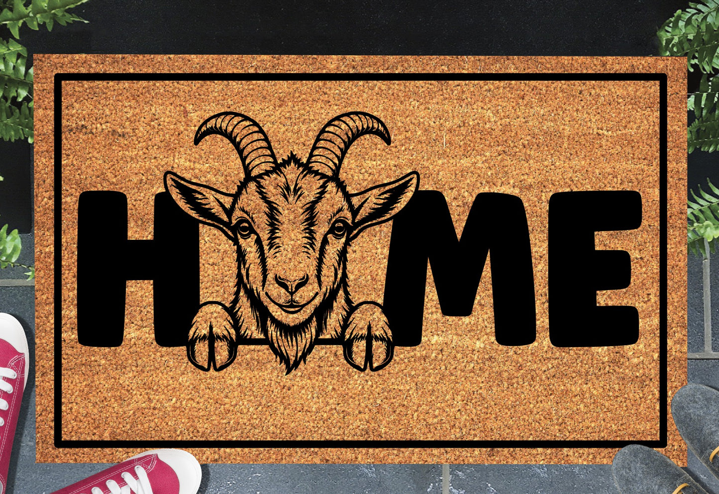 Goat doormat #1 with HOME text placed at front door entryway