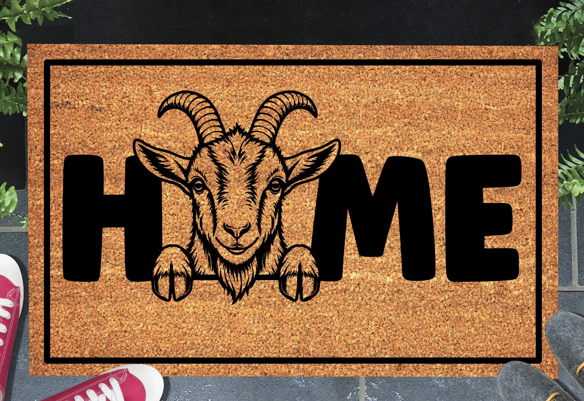 Goat doormat #1 with HOME text placed at front door entryway