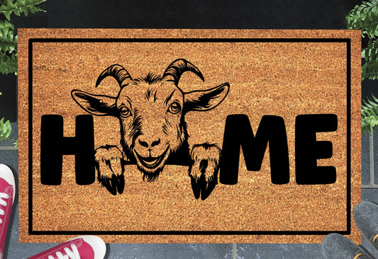Goat doormat #2 with home text placed at front door entryway