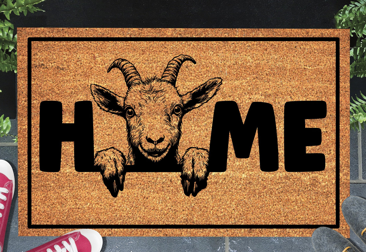 Goat doormat #3 with home text placed at front door entryway