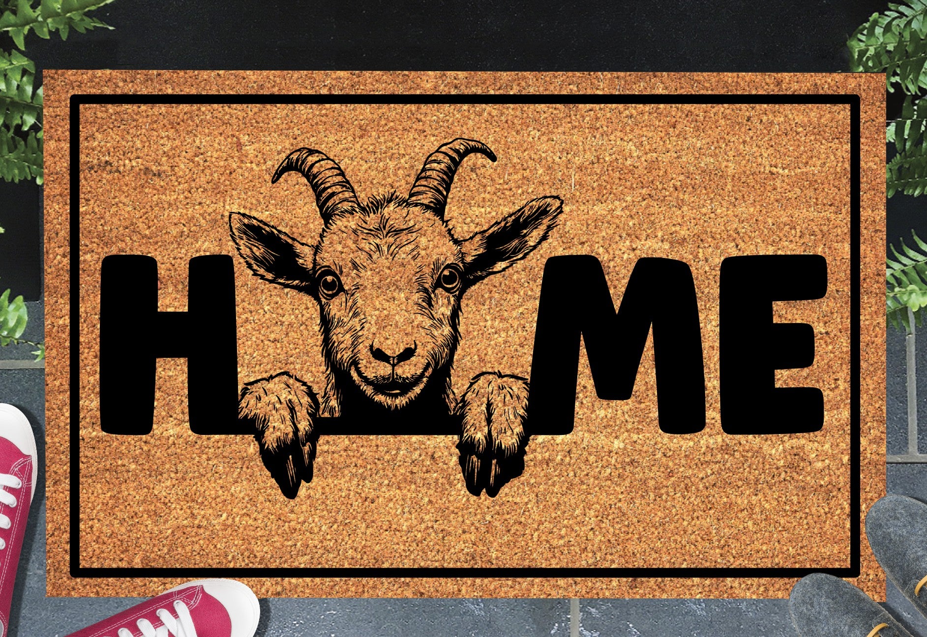 Goat doormat #3 with home text placed at front door entryway