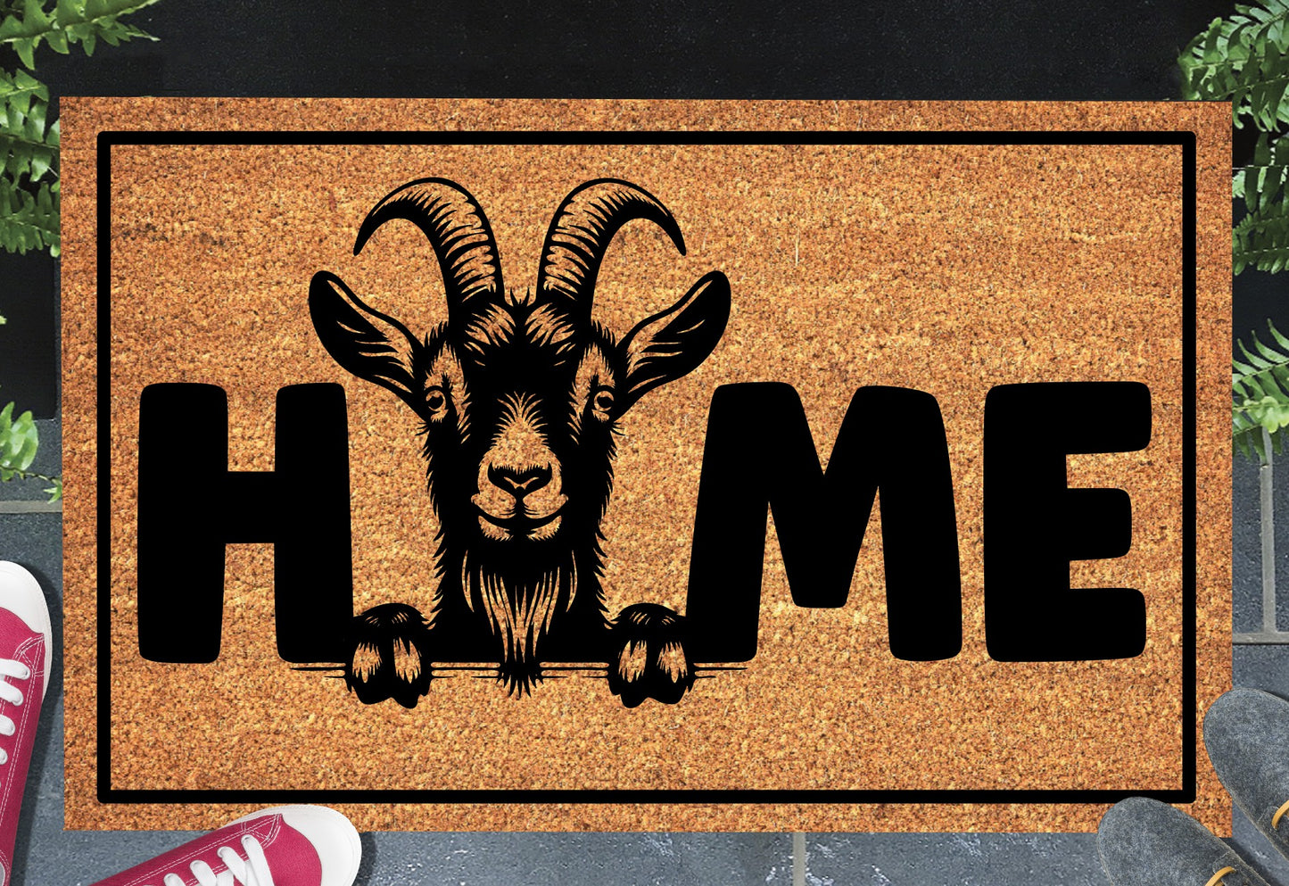 Goat doormat #4 with home text placed at front door entryway