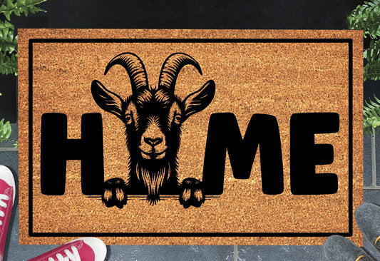 Goat doormat #4 with home text placed at front door entryway