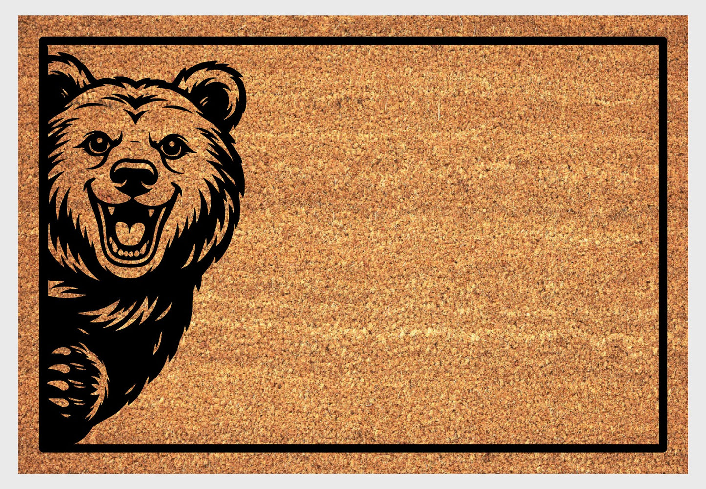 Grizzly bear peeking coir doormat close-up - durable natural fiber welcome mat with non-slip backing - wildlife entryway deco