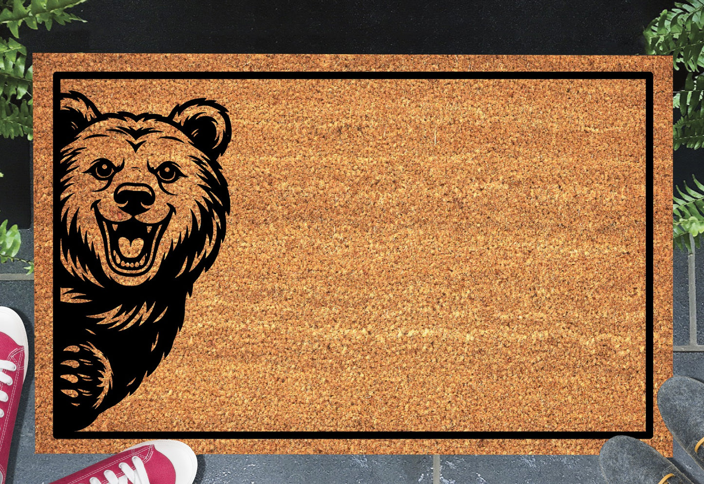 Grizzly bear peeking doormat - adorable peeping bear design on natural coir welcome mat - 3 sizes available