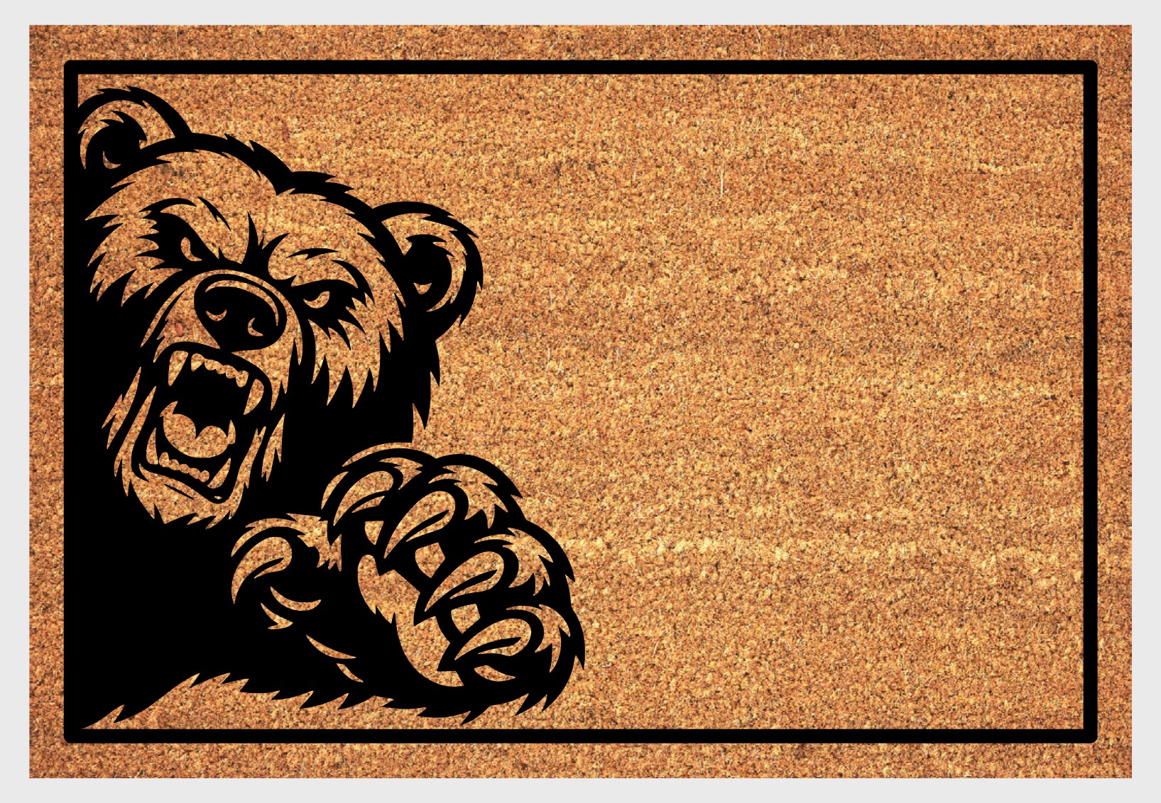 Grizzly bear peeking coir doormat close-up - bold bear design with durable natural fiber and non-slip backing - wildlife entryway decor