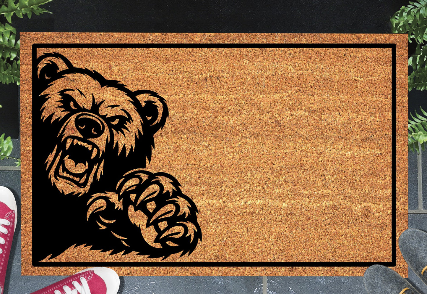 Grizzly bear peeking doormat - fierce peeping bear design on natural coir welcome mat - 3 sizes available