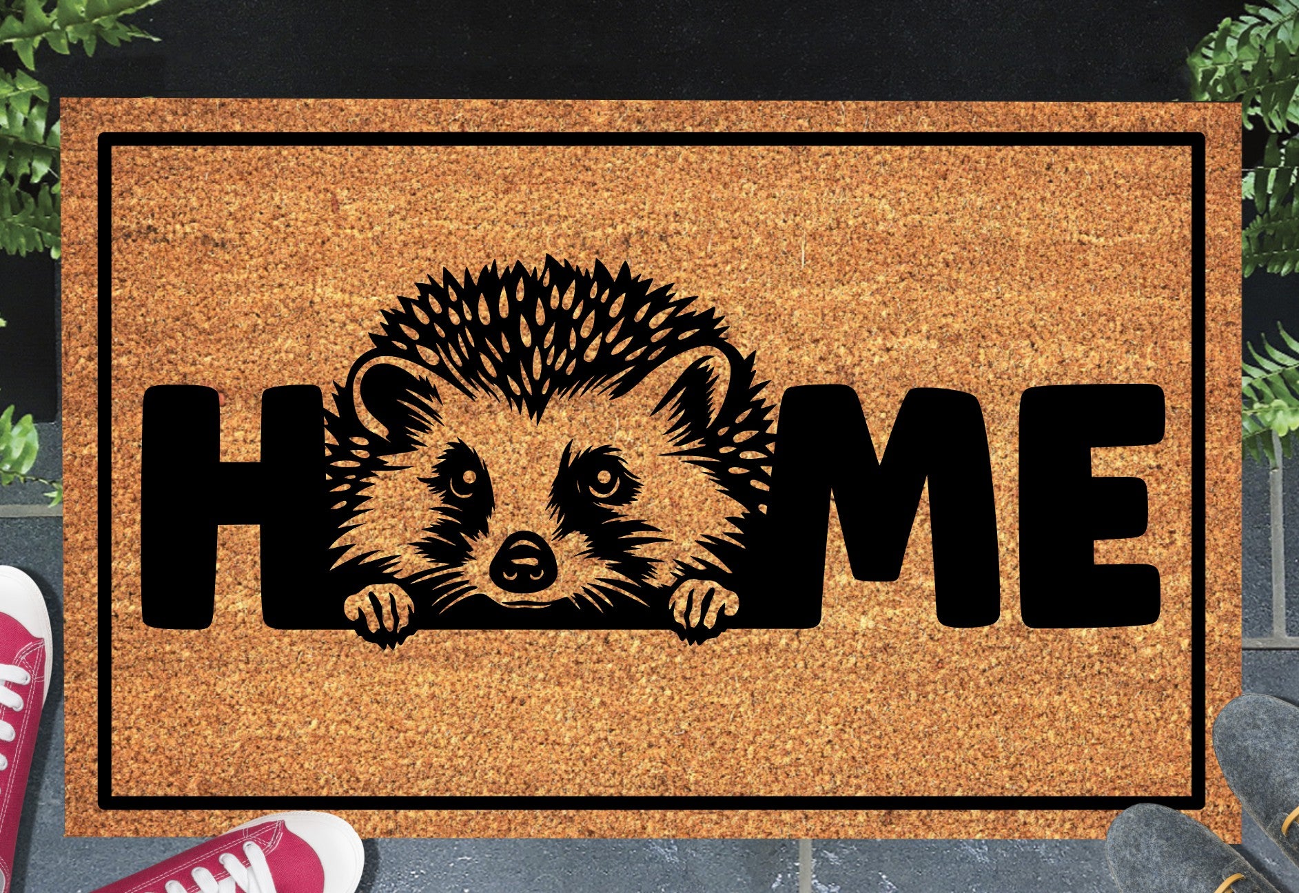 Hedgehog doormat with HOME text - natural coir welcome mat with hedgehog design - 3 sizes available