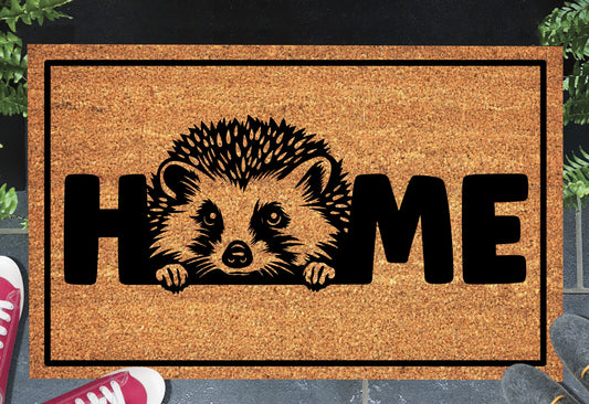 Hedgehog doormat with HOME text - natural coir welcome mat with hedgehog design - 3 sizes available