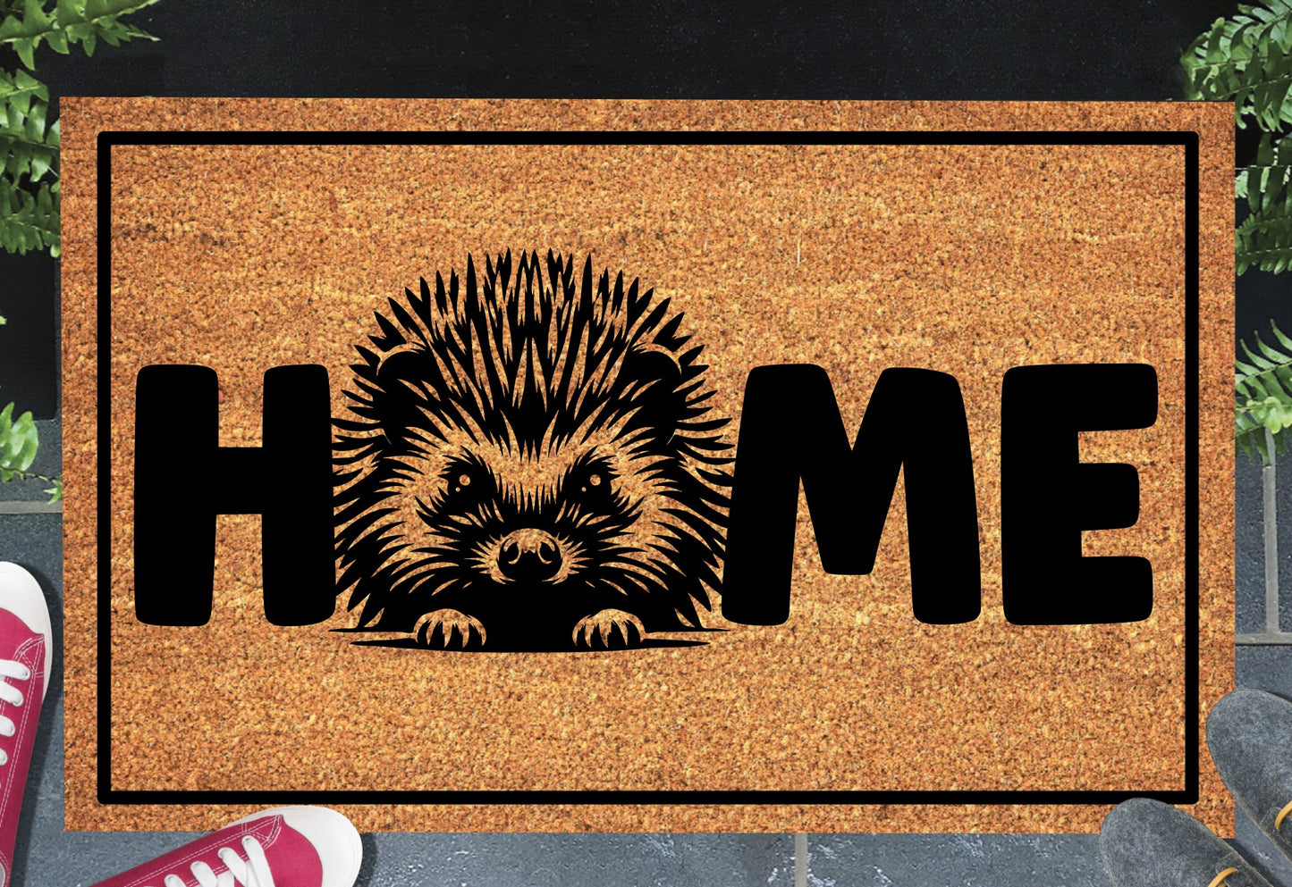 Hedgehog doormat with HOME text - natural coir welcome mat with hedgehog design - 3 sizes available