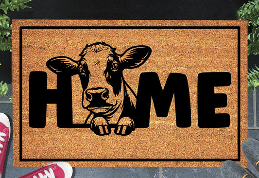 Holstein cow doormat with HOME text - natural coir welcome mat with black and white cow design 