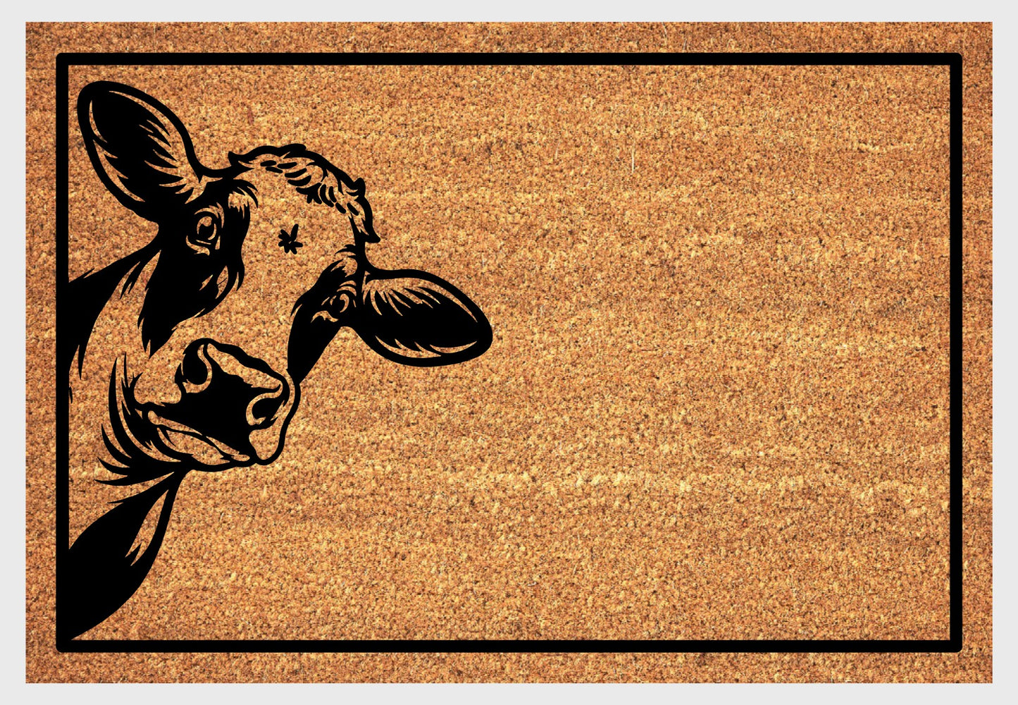 Holstein cow peeking coir doormat close-up - durable natural fiber welcome mat with non-slip backing - farmhouse entryway decor