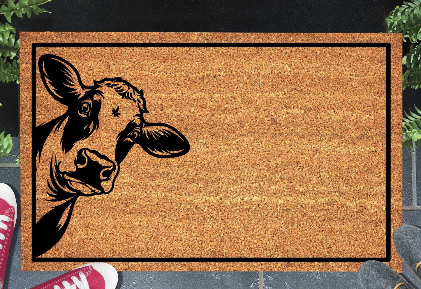 Holstein cow peeking doormat - adorable peeping cow design on natural coir welcome mat - 3 sizes available