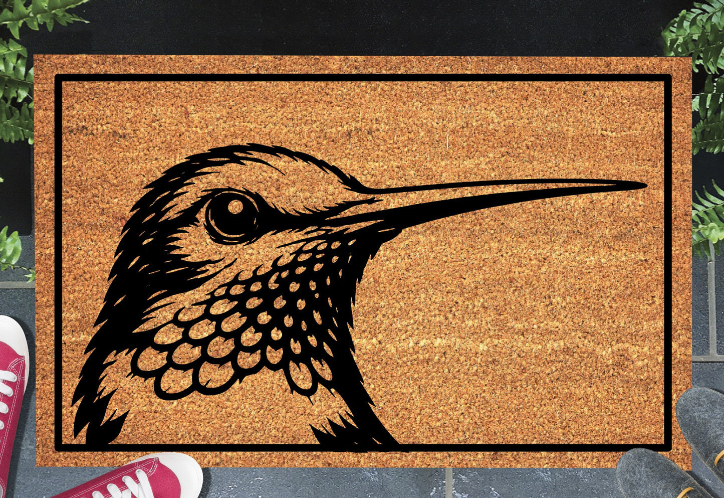 Peeking hummingbird doormat #1 on front porch entryway