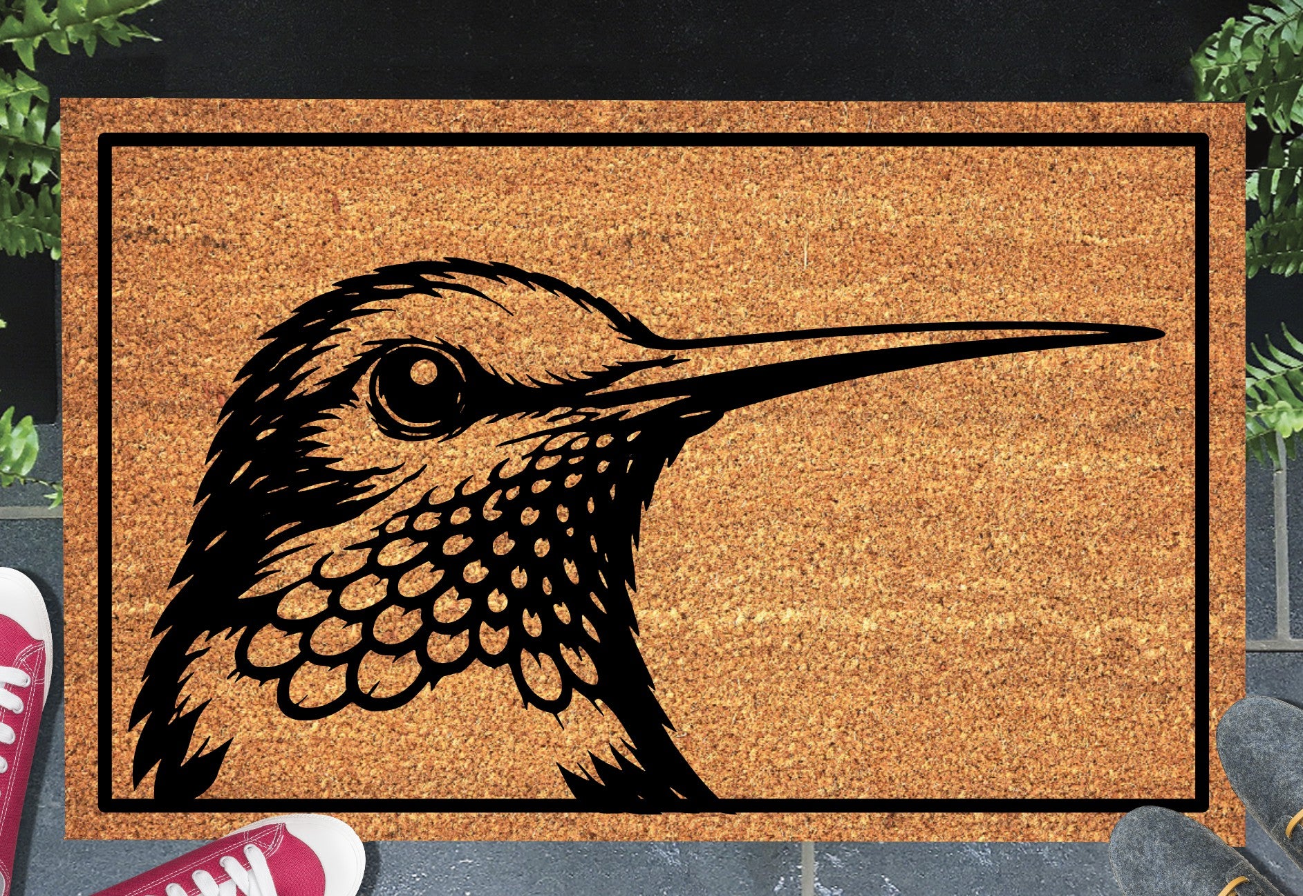 Peeking hummingbird doormat #1 on front porch entryway