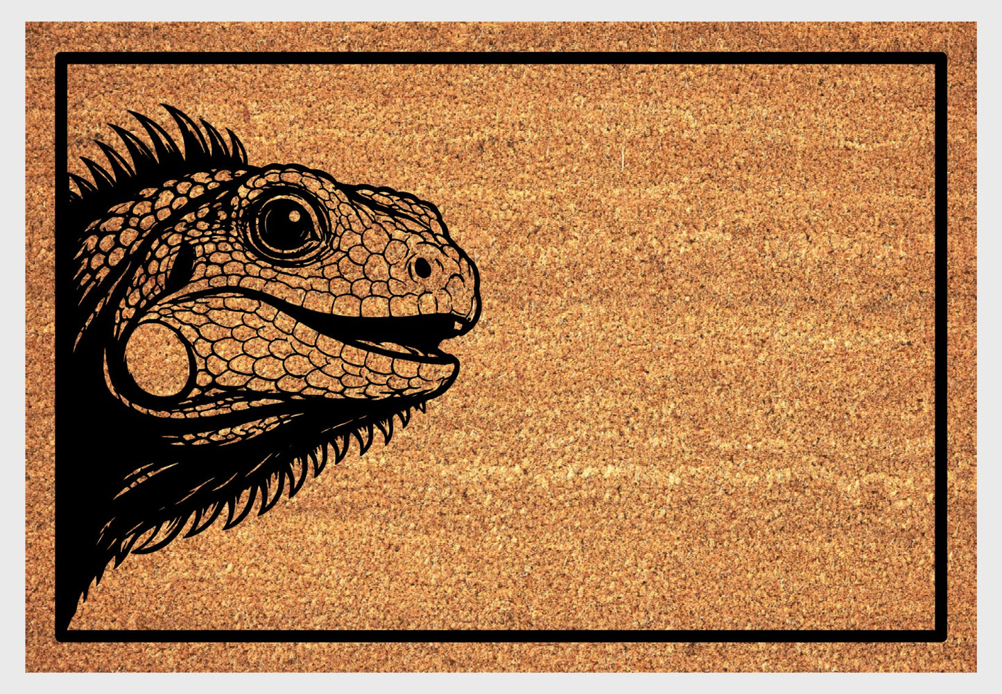 Iguana peeking doormat close-up - natural coir with peeping iguana design