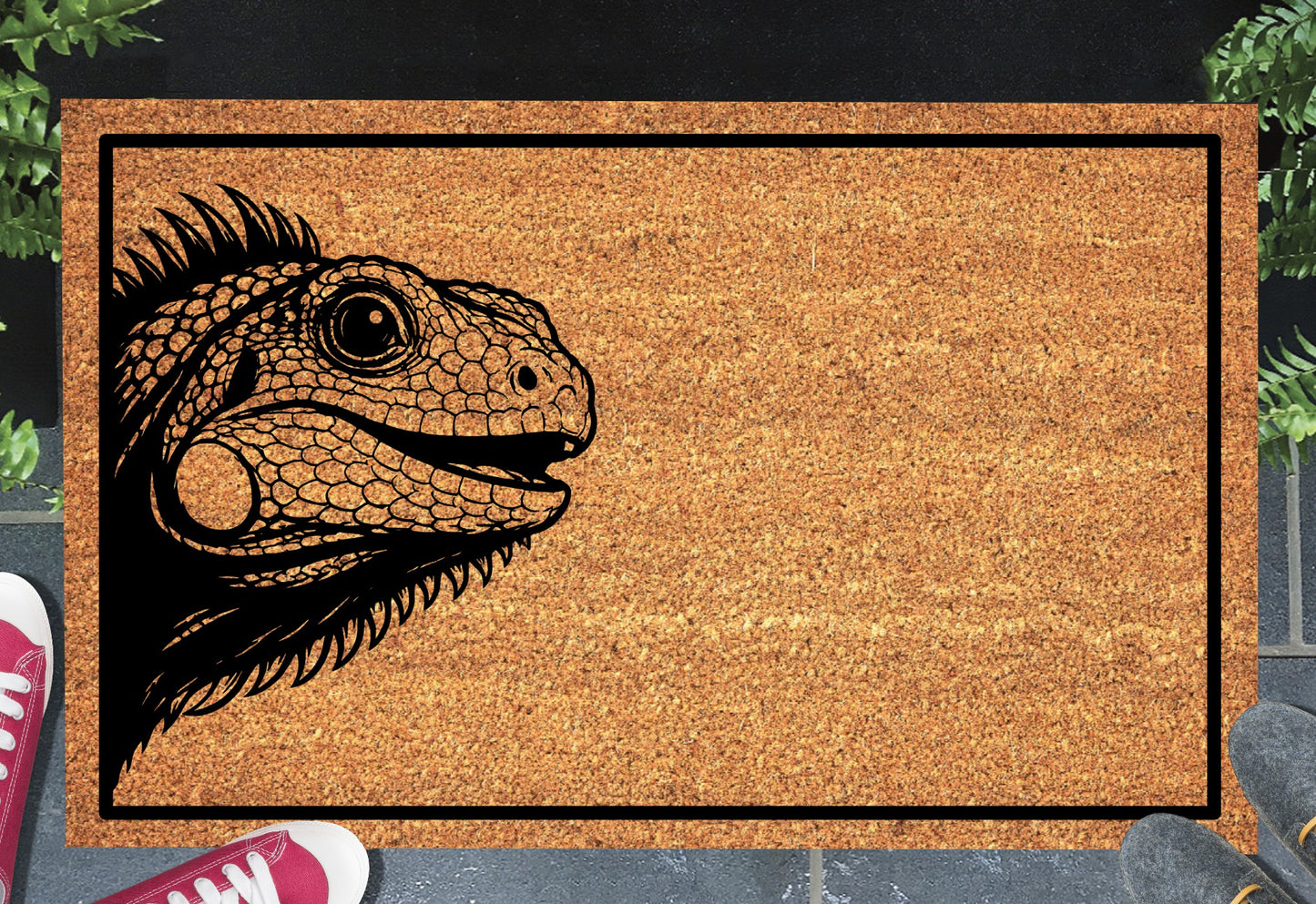 Iguana peeking doormat in entryway - 16x24 size