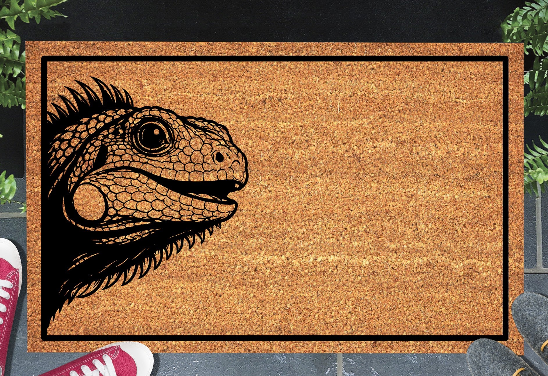 Iguana peeking doormat in entryway - 16x24 size