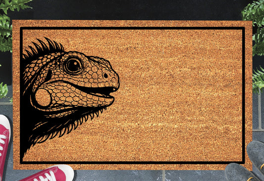 Iguana peeking doormat in entryway - 16x24 size