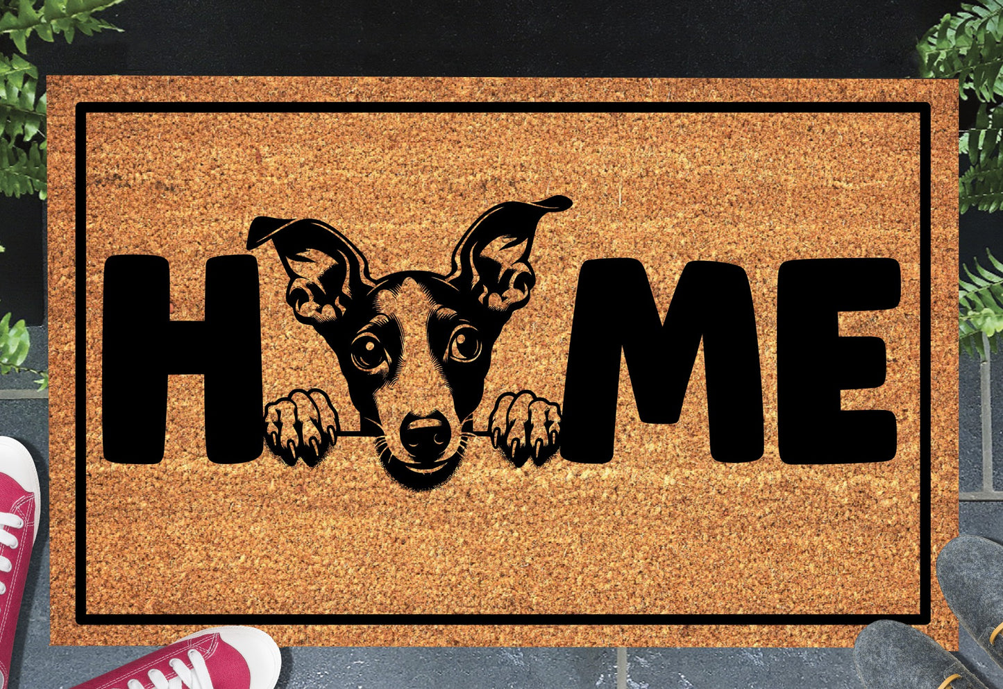 Italian Greyhound doormat #1 with home text placed at front door entryway