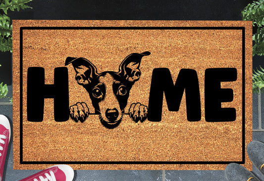 Italian Greyhound doormat #1 with home text placed at front door entryway