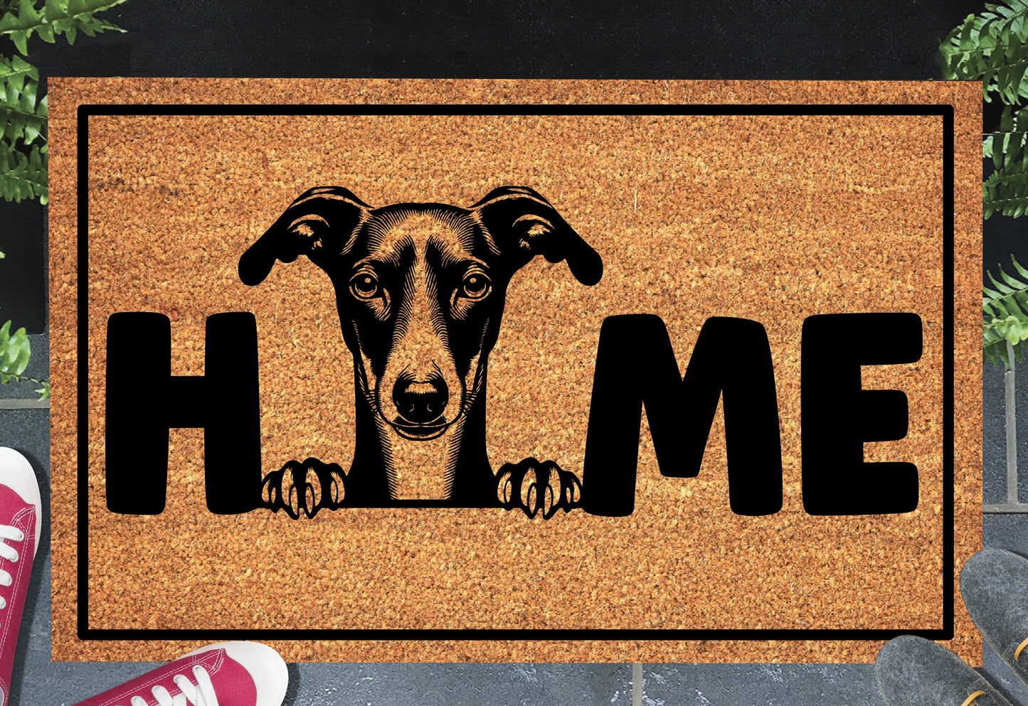Italian Greyhound doormat #2 with home text placed at front door entryway