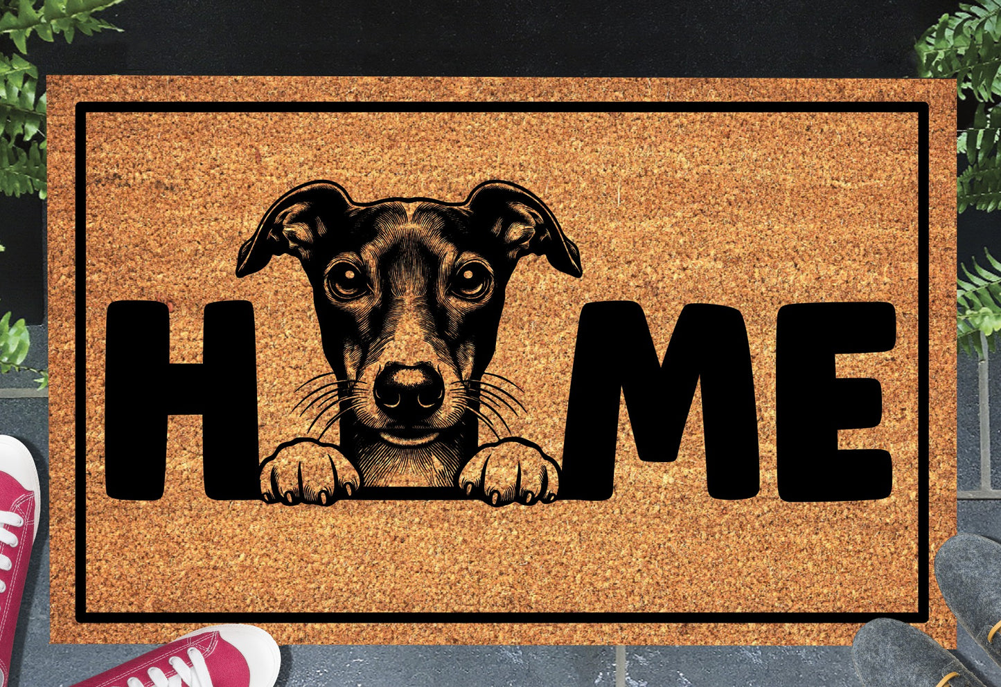 Italian Greyhound doormat #3 with home text placed at front door entryway