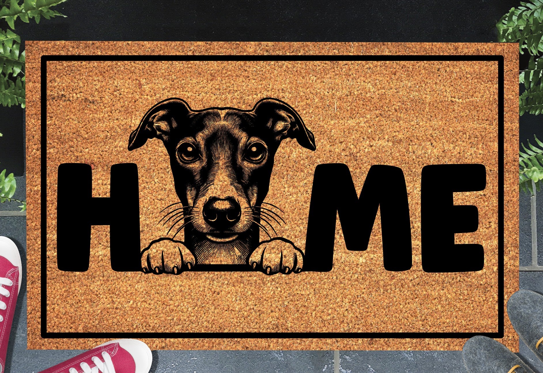 Italian Greyhound doormat #3 with home text placed at front door entryway