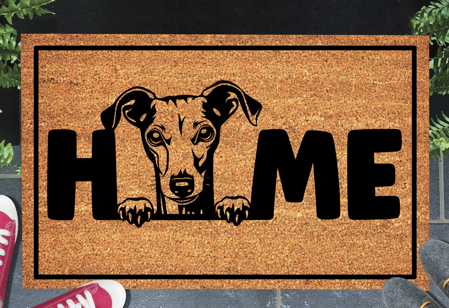 Italian Greyhound doormat #4 with home text placed at front door entryway