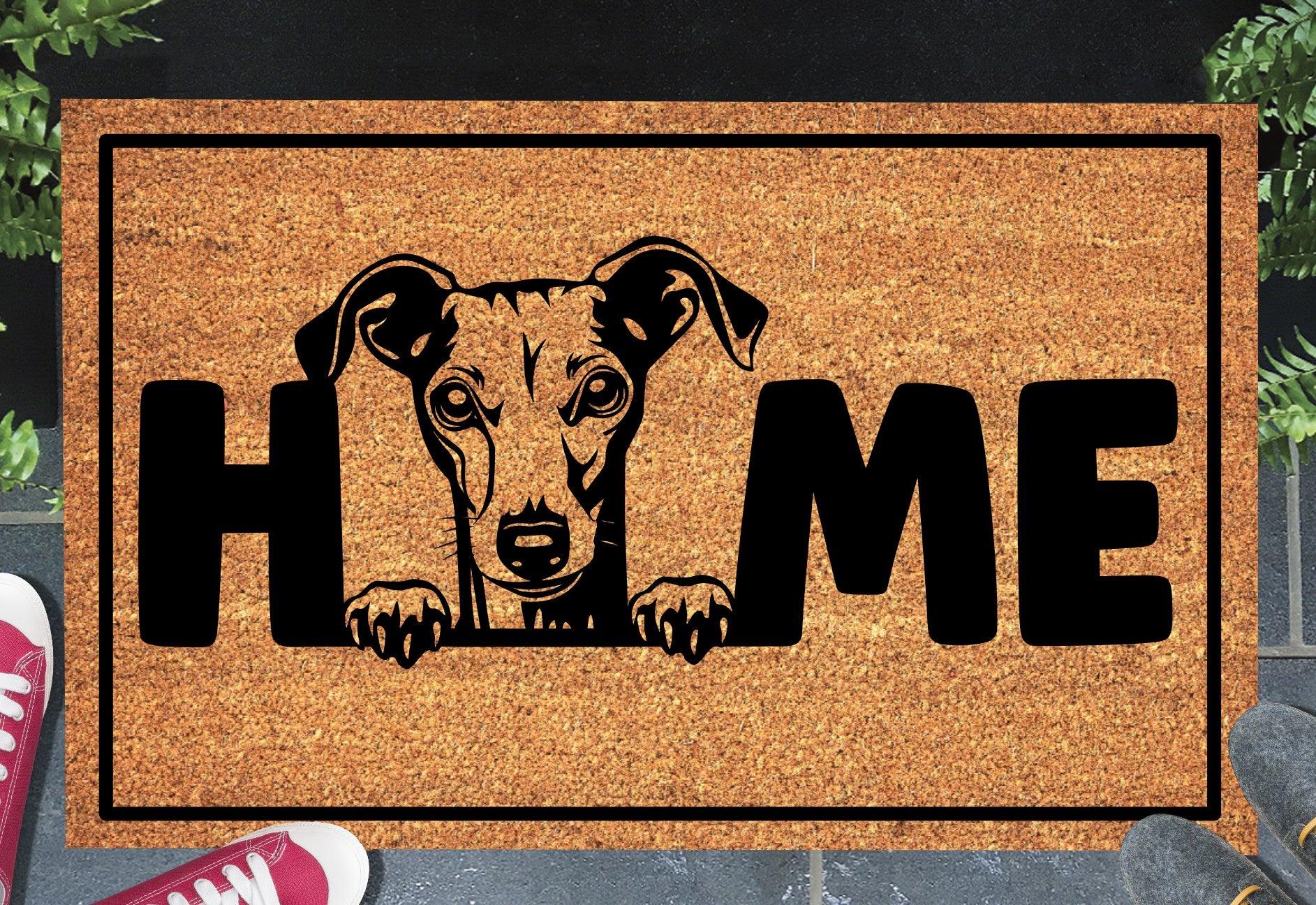 Italian Greyhound doormat #4 with home text placed at front door entryway