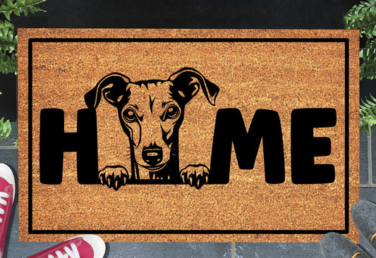 Italian Greyhound doormat #4 with home text placed at front door entryway