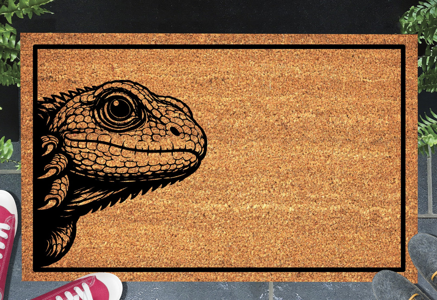 Lizard peeking doormat in entryway - 16x24 size
