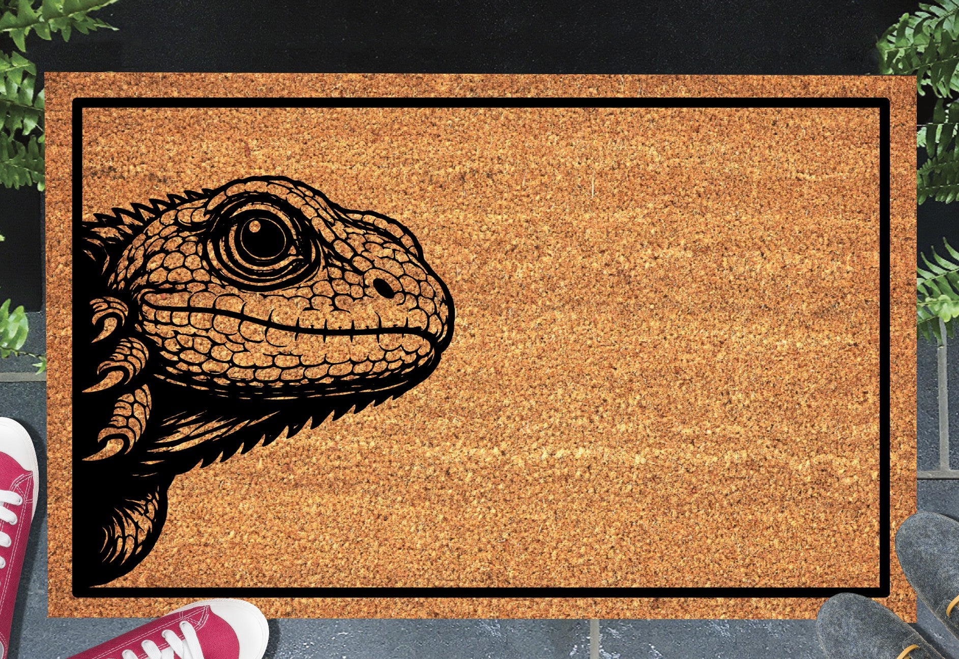 Lizard peeking doormat in entryway - 16x24 size