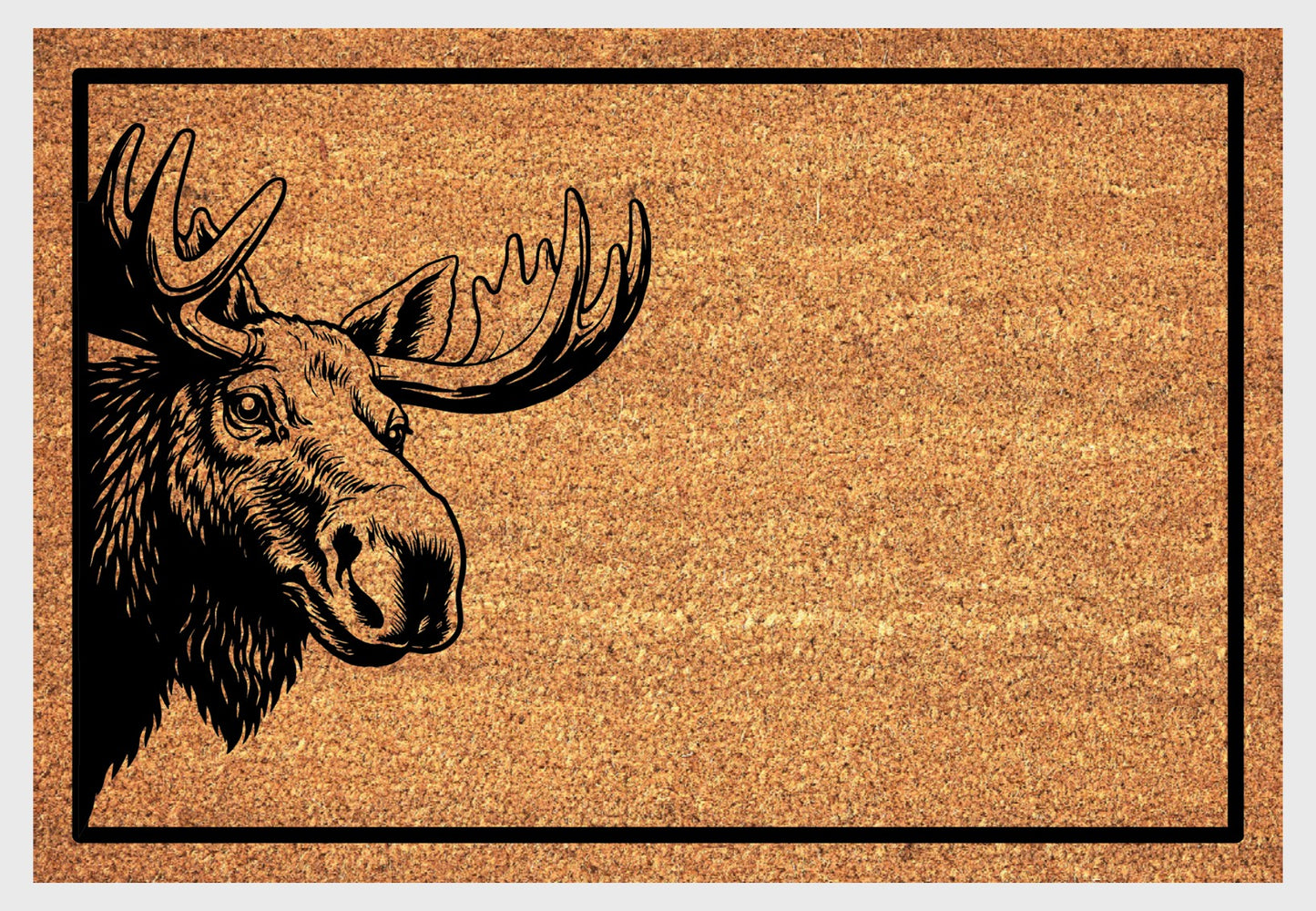 Moose peeking doormat close-up - natural coir with peeping moose design