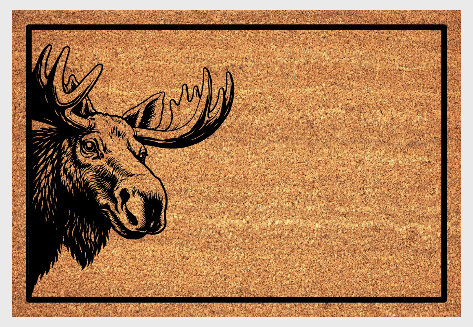 Moose peeking doormat close-up - natural coir with peeping moose design