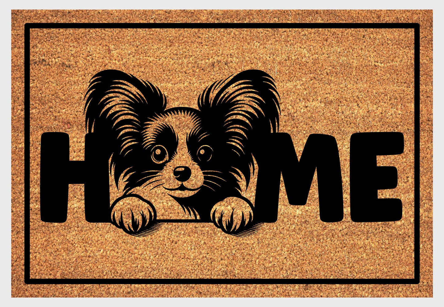 Papillon coir doormat #1 with dog design and HOME lettering