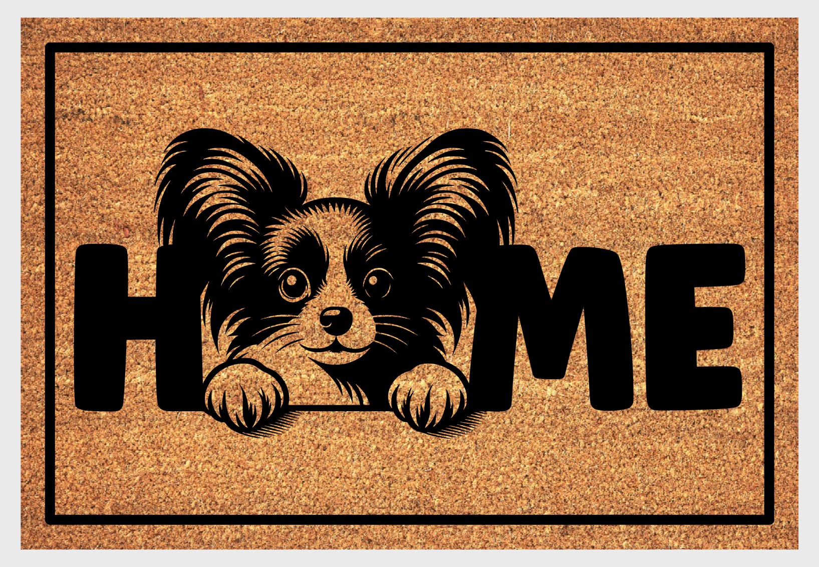 Papillon coir doormat #1 with dog design and HOME lettering
