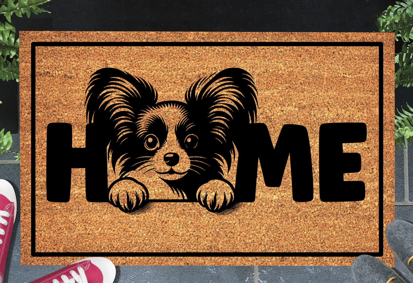 Papillon doormat #1 on front porch entryway with HOME text