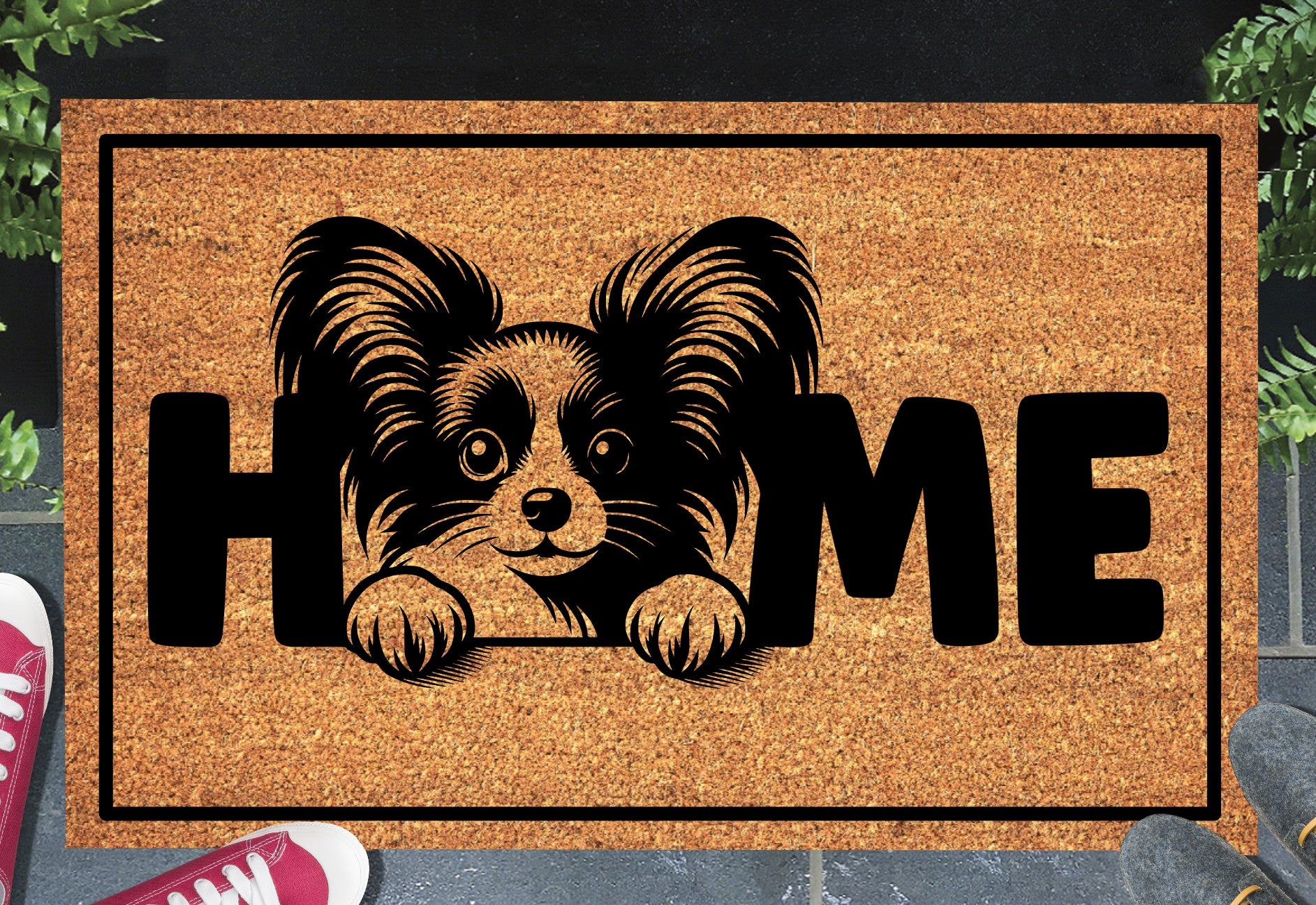 Papillon doormat #1 on front porch entryway with HOME text
