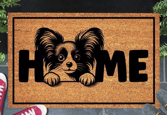 Papillon doormat #1 on front porch entryway with HOME text