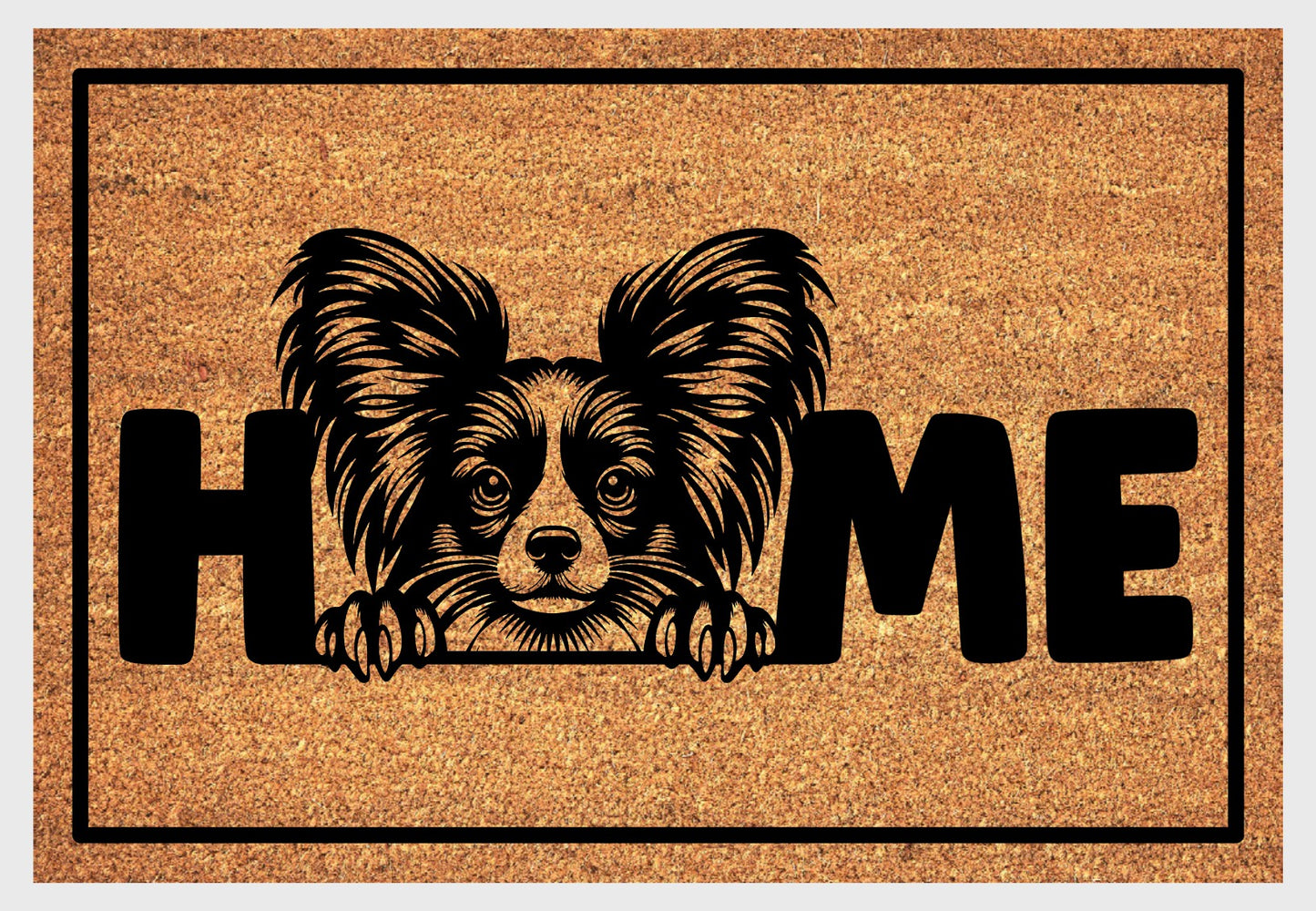 Papillon coir doormat #2 with dog design and HOME lettering