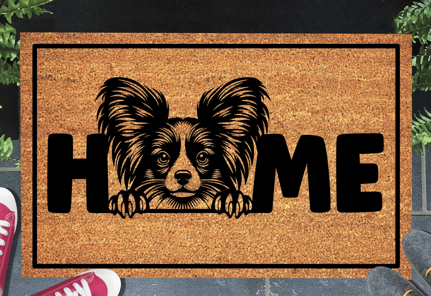 Papillon doormat #2 on front porch entryway with HOME text