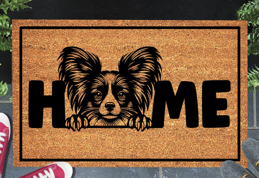 Papillon doormat #2 on front porch entryway with HOME text